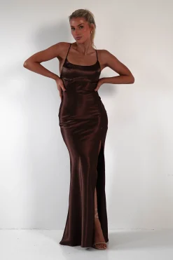 Celinee Satin Maxi Gown | Brown