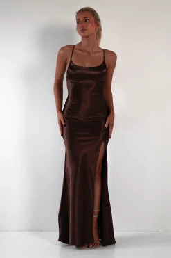 Celinee Satin Maxi Gown | Brown