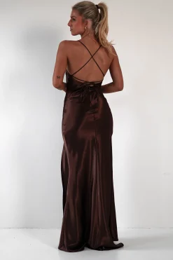 Celinee Satin Maxi Gown | Brown