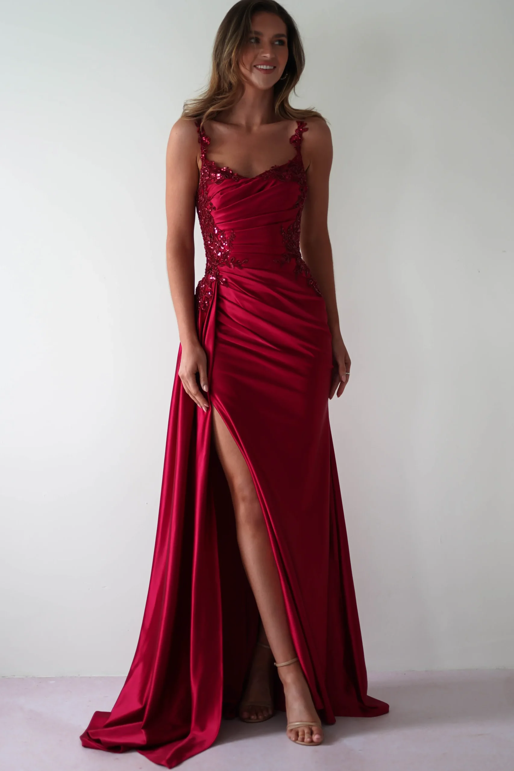 Cindy Pleated Bodice Gown | Burgundy