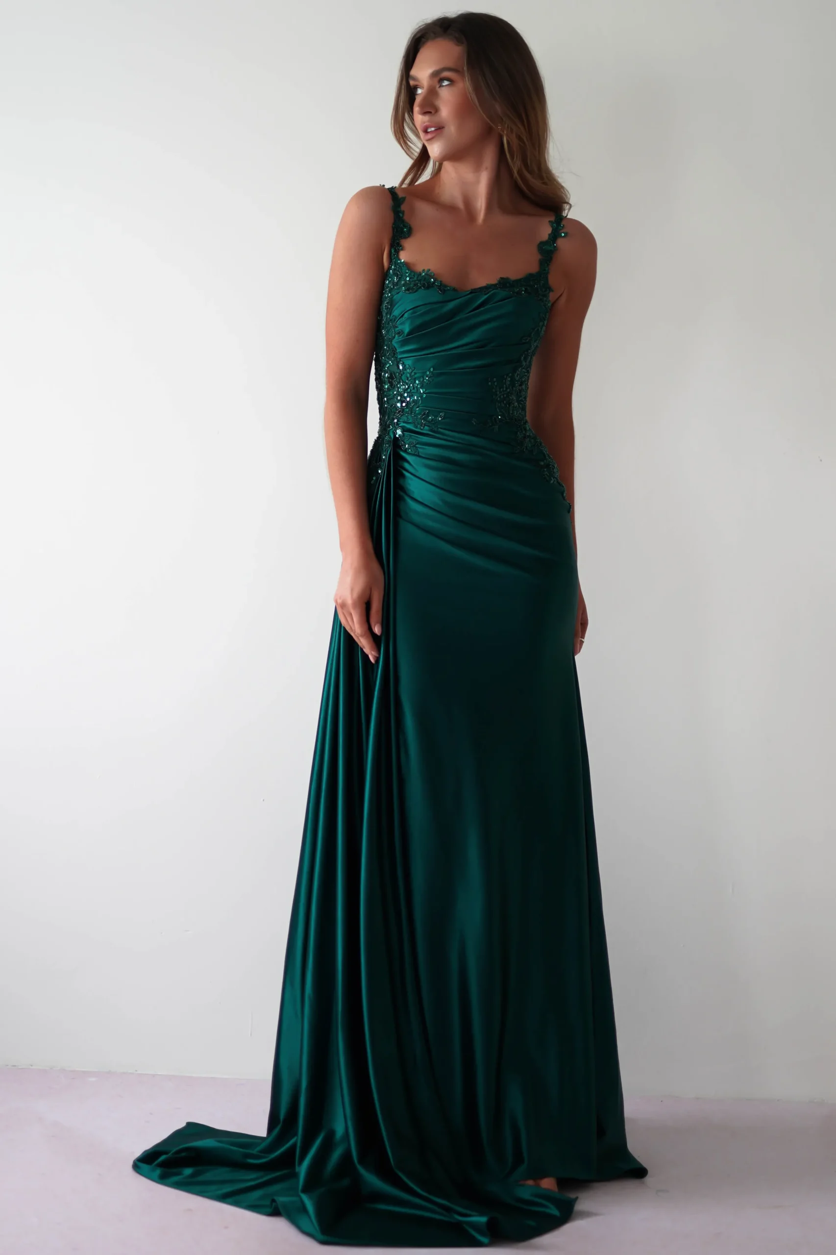 Cindy Pleated Bodice Gown | Emerald Green