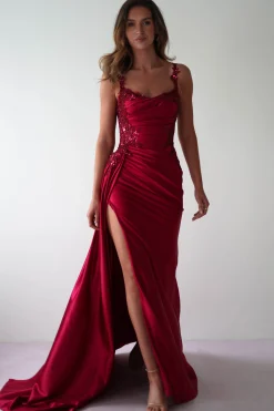 Cindy Pleated Bodice Gown | Burgundy