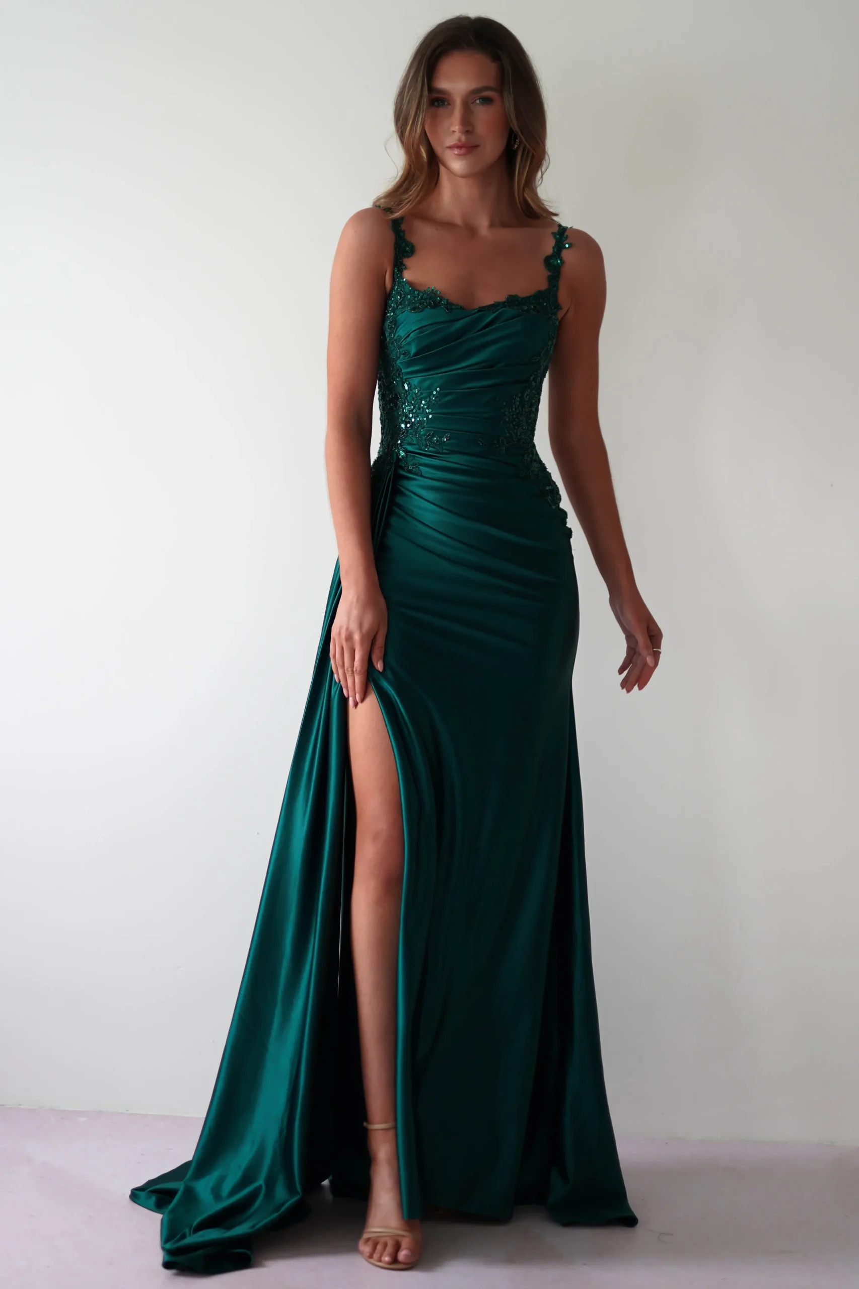 Cindy Pleated Bodice Gown | Emerald Green