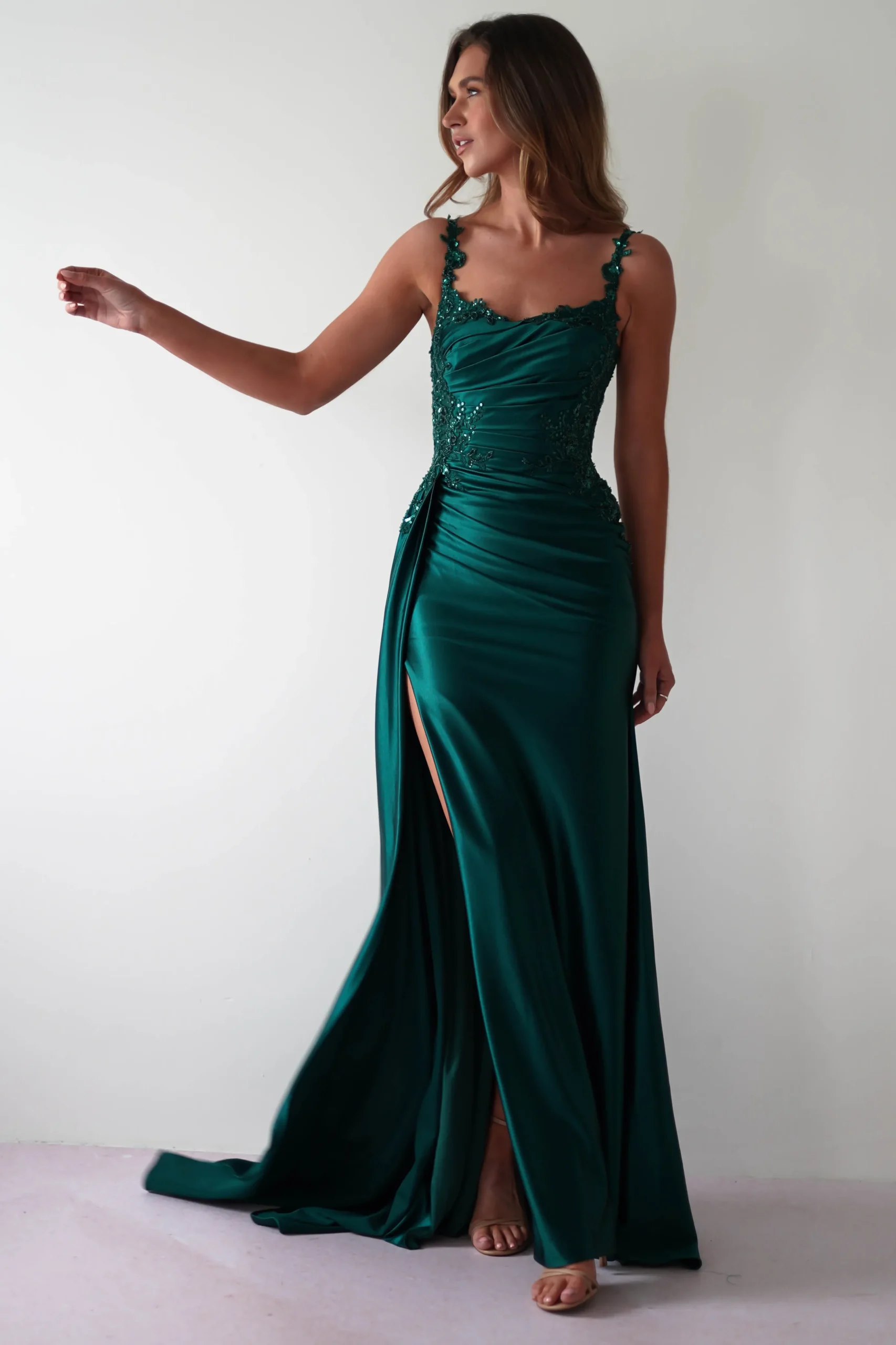 Cindy Pleated Bodice Gown | Emerald Green