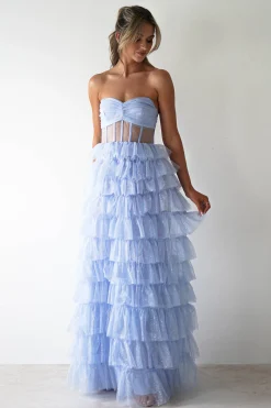 Claudette Ruffle Glitter Maxi Dress | Blue