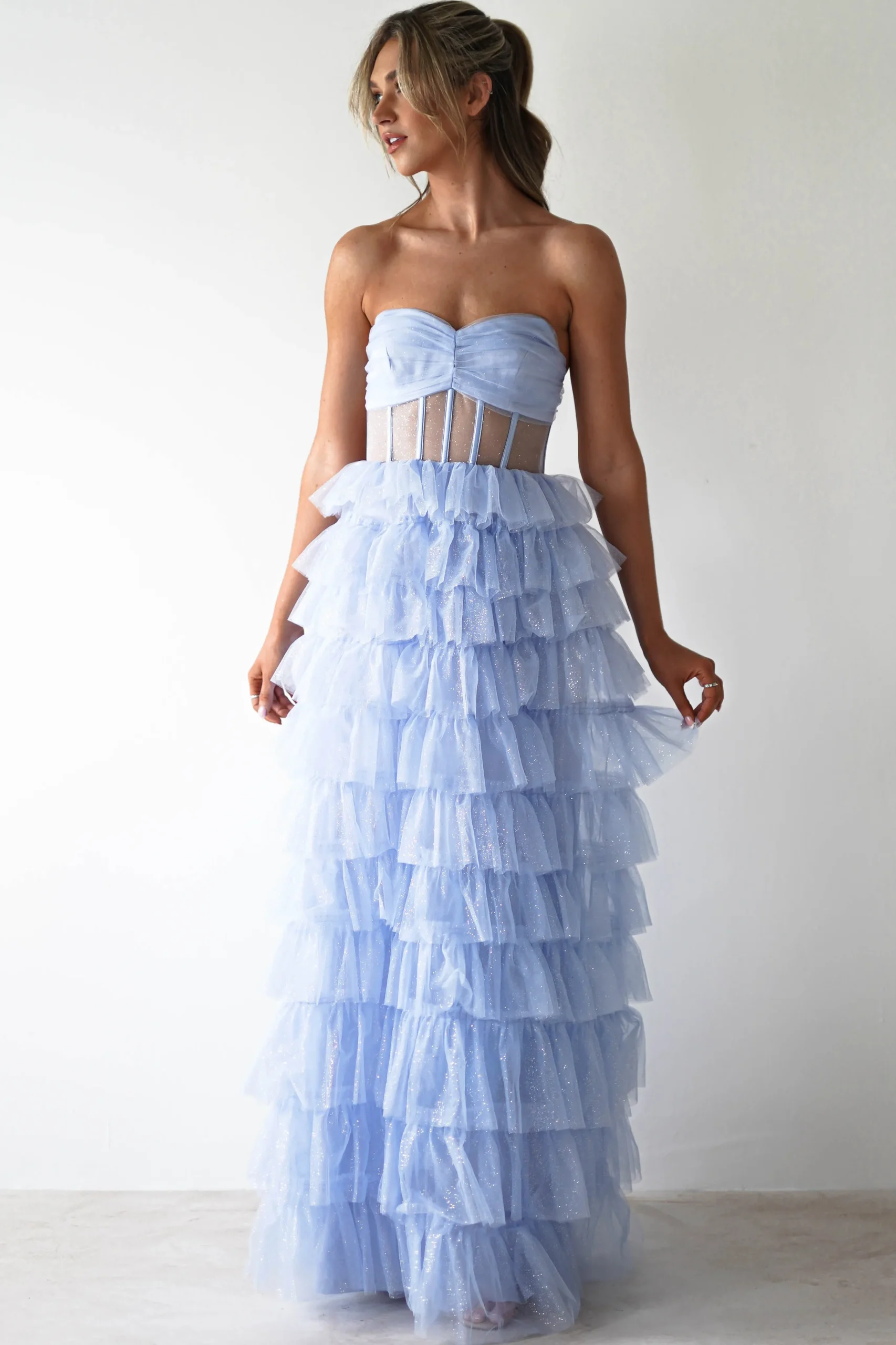 Claudette Ruffle Glitter Maxi Dress | Blue