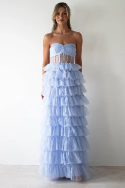 Claudette Ruffle Glitter Maxi Dress | Blue
