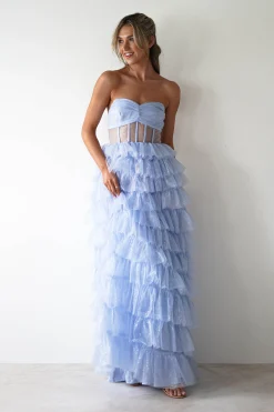 Claudette Ruffle Glitter Maxi Dress | Blue