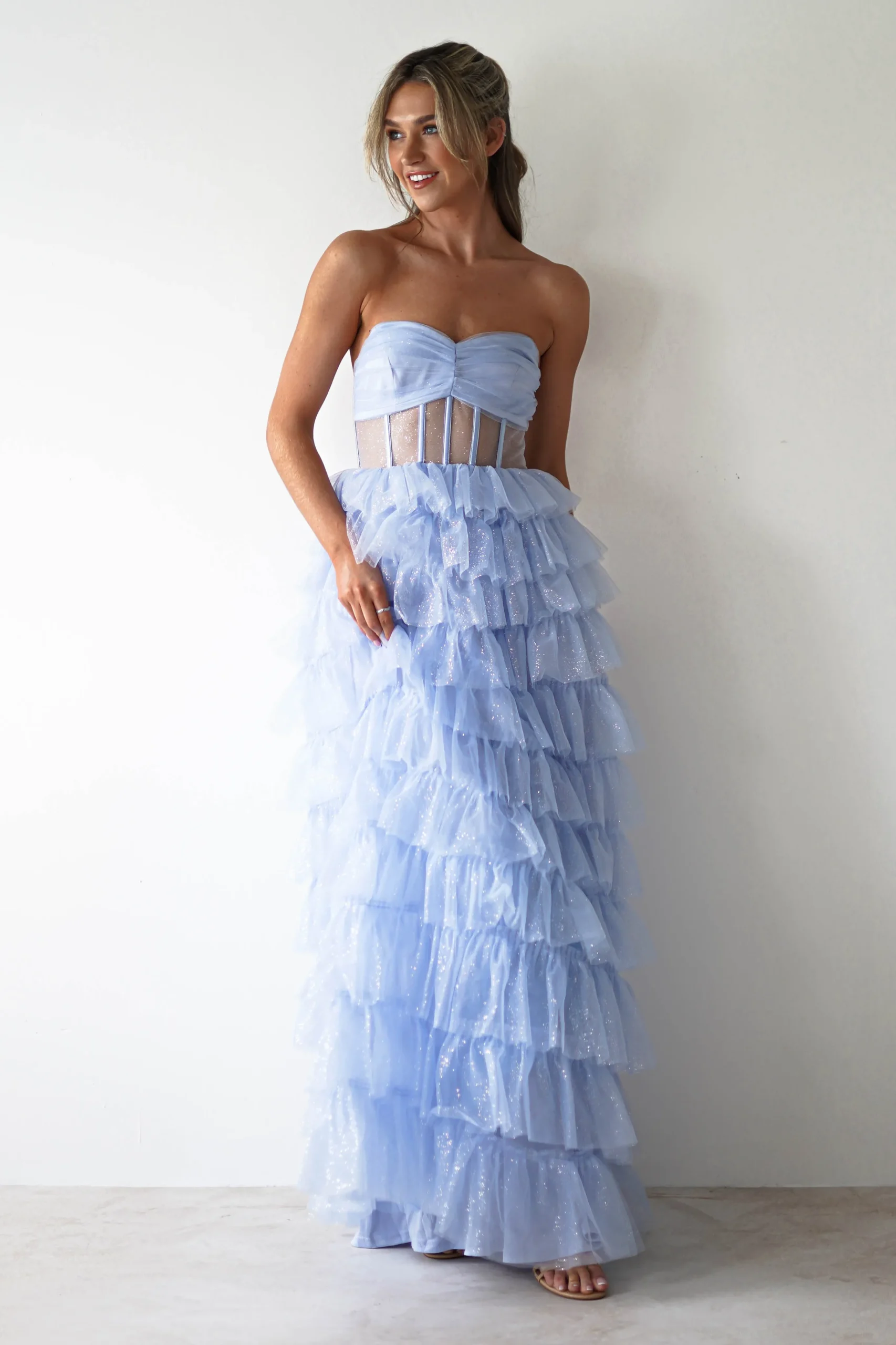 Claudette Ruffle Glitter Maxi Dress | Blue
