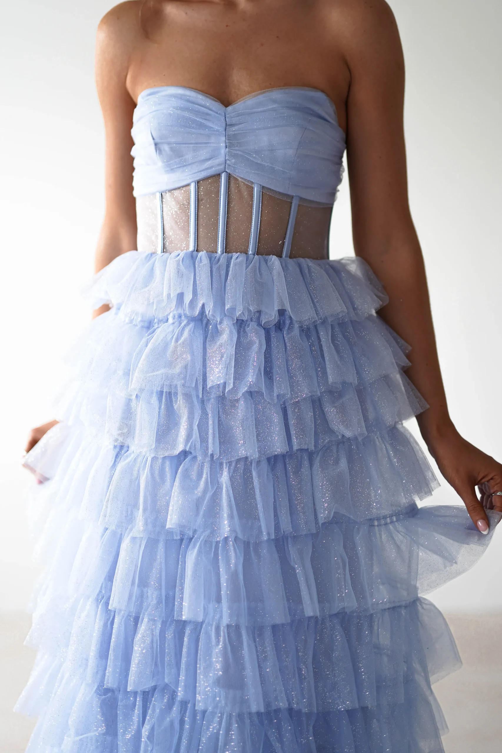 Claudette Ruffle Glitter Maxi Dress | Blue