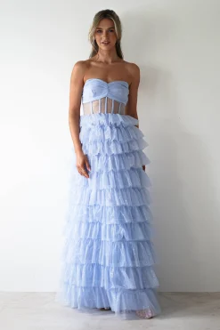 Claudette Ruffle Glitter Maxi Dress | Blue