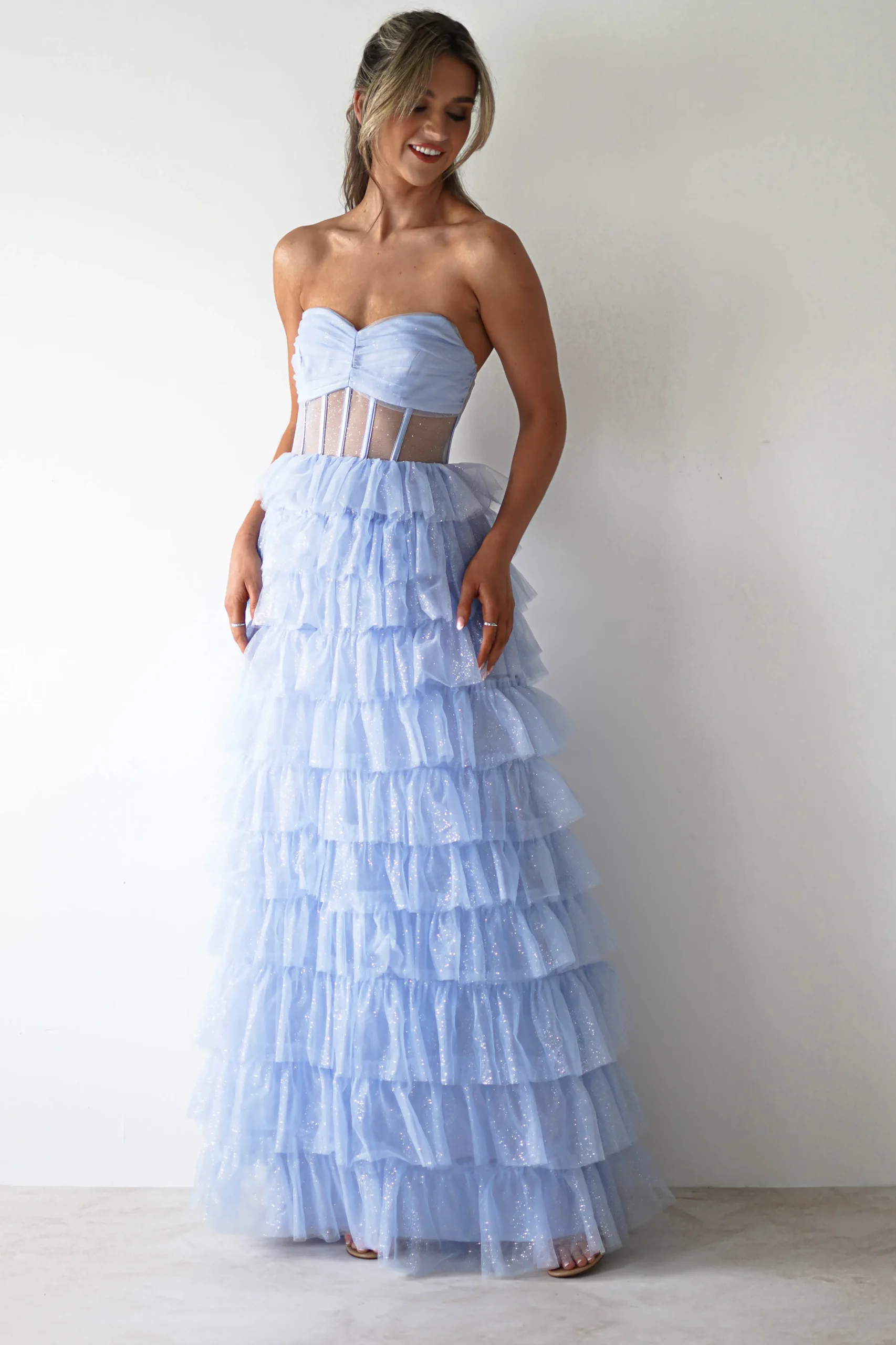 Claudette Ruffle Glitter Maxi Dress | Blue