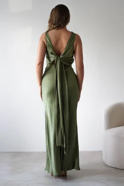 Darlee Tie Back Satin Maxi Dress | Olive