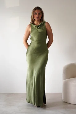 Darlee Tie Back Satin Maxi Dress | Olive