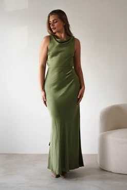 Darlee Tie Back Satin Maxi Dress | Olive