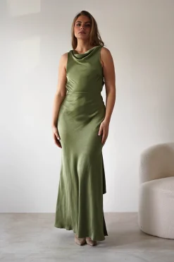 Darlee Tie Back Satin Maxi Dress | Olive