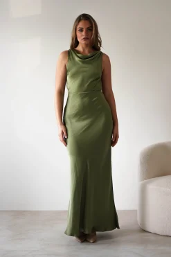 Darlee Tie Back Satin Maxi Dress | Olive
