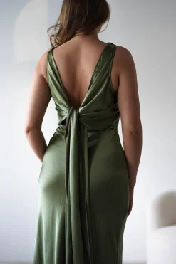 Darlee Tie Back Satin Maxi Dress | Olive