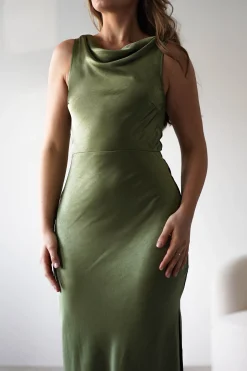 Darlee Tie Back Satin Maxi Dress | Olive