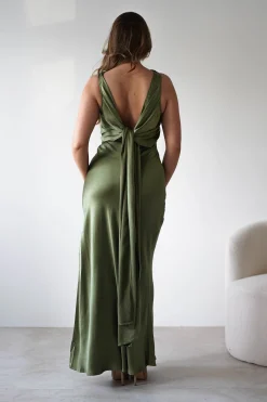 Darlee Tie Back Satin Maxi Dress | Olive