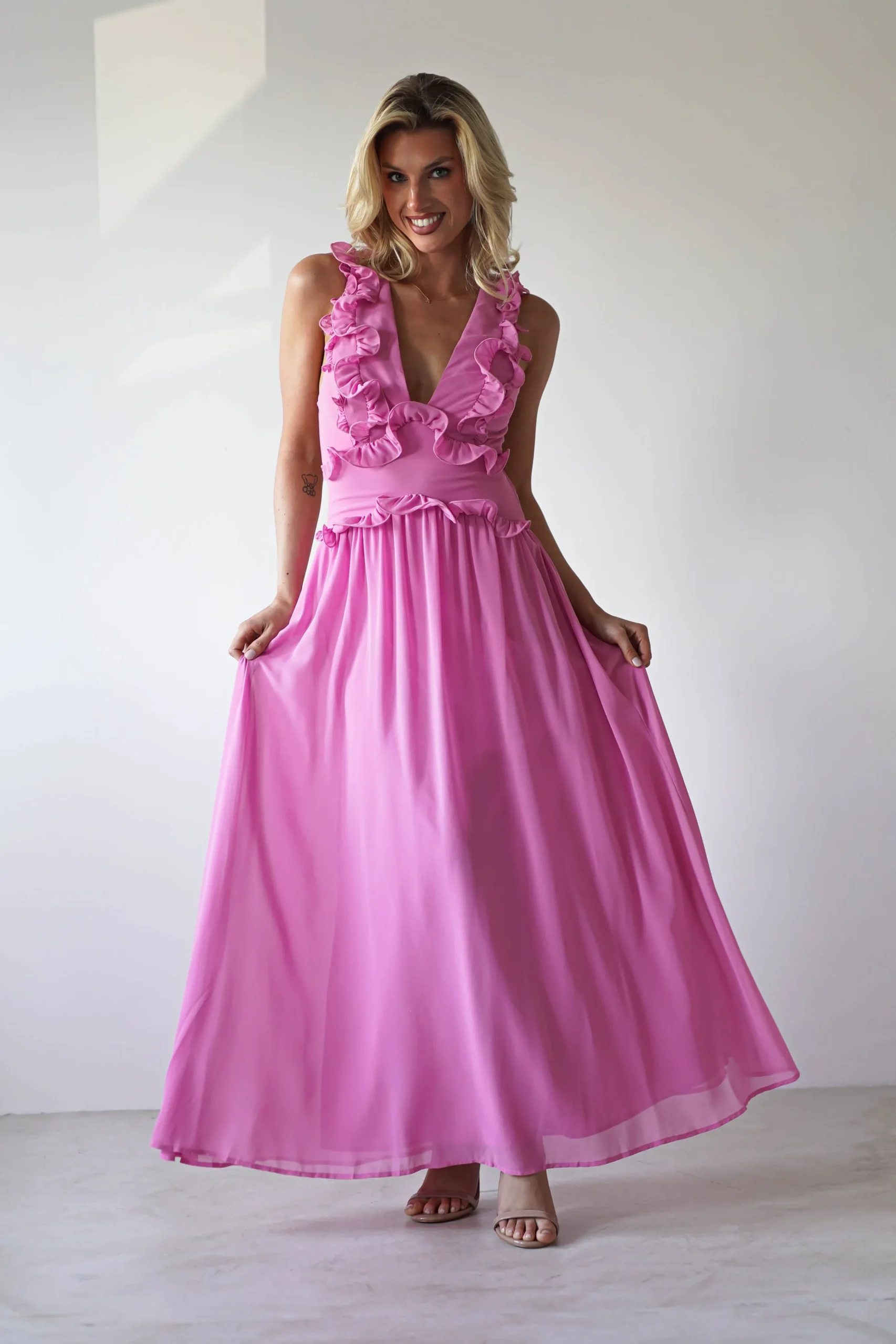 Ellie Ruffle Detail Maxi Dress | Pink