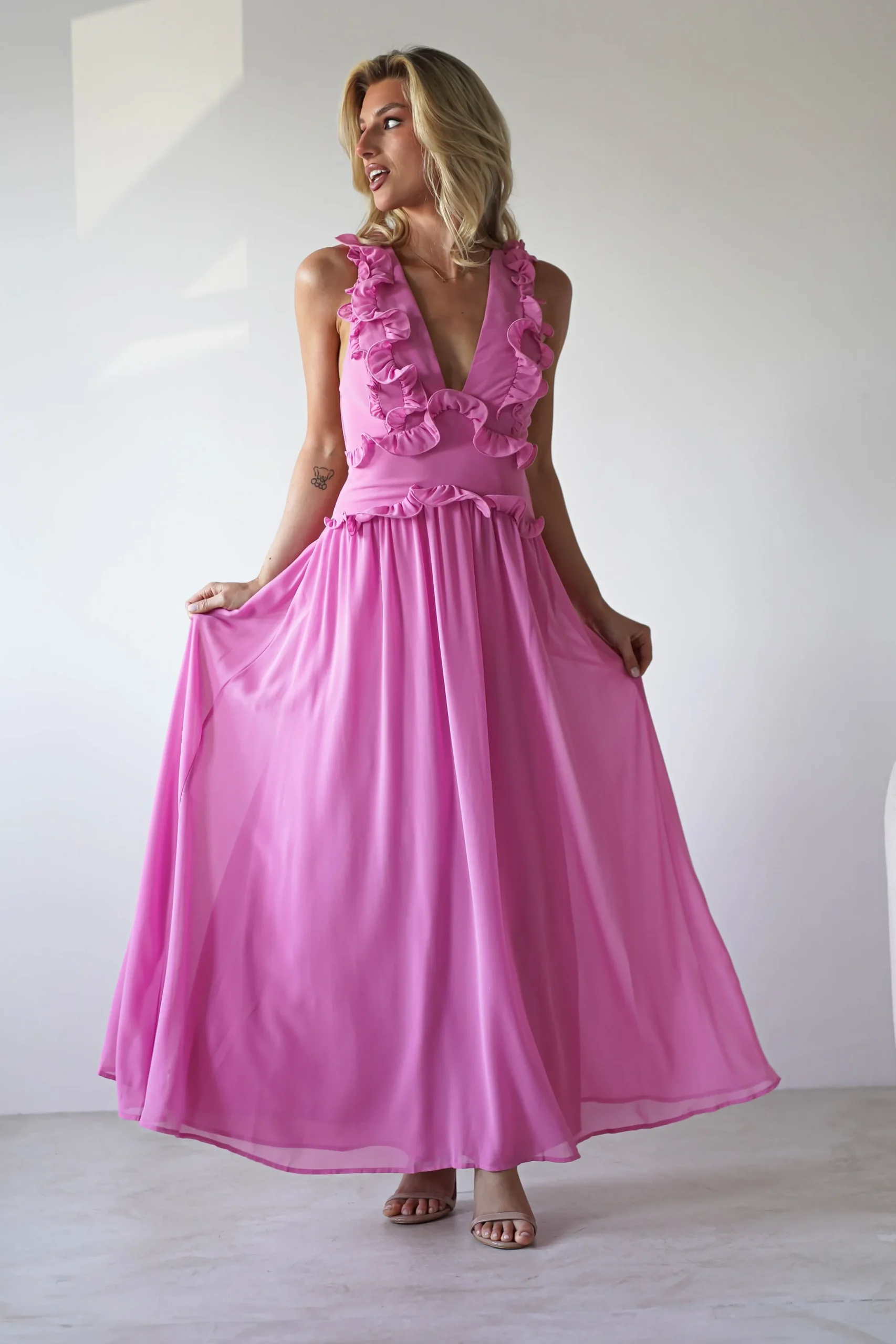 Ellie Ruffle Detail Maxi Dress | Pink