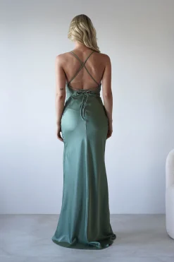 Elsa Matte Satin Maxi Gown | Olive