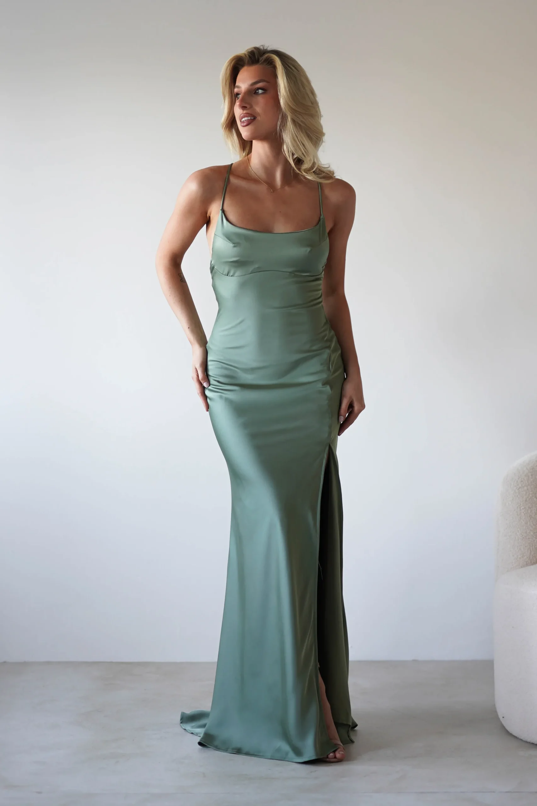 Elsa Matte Satin Maxi Gown | Olive