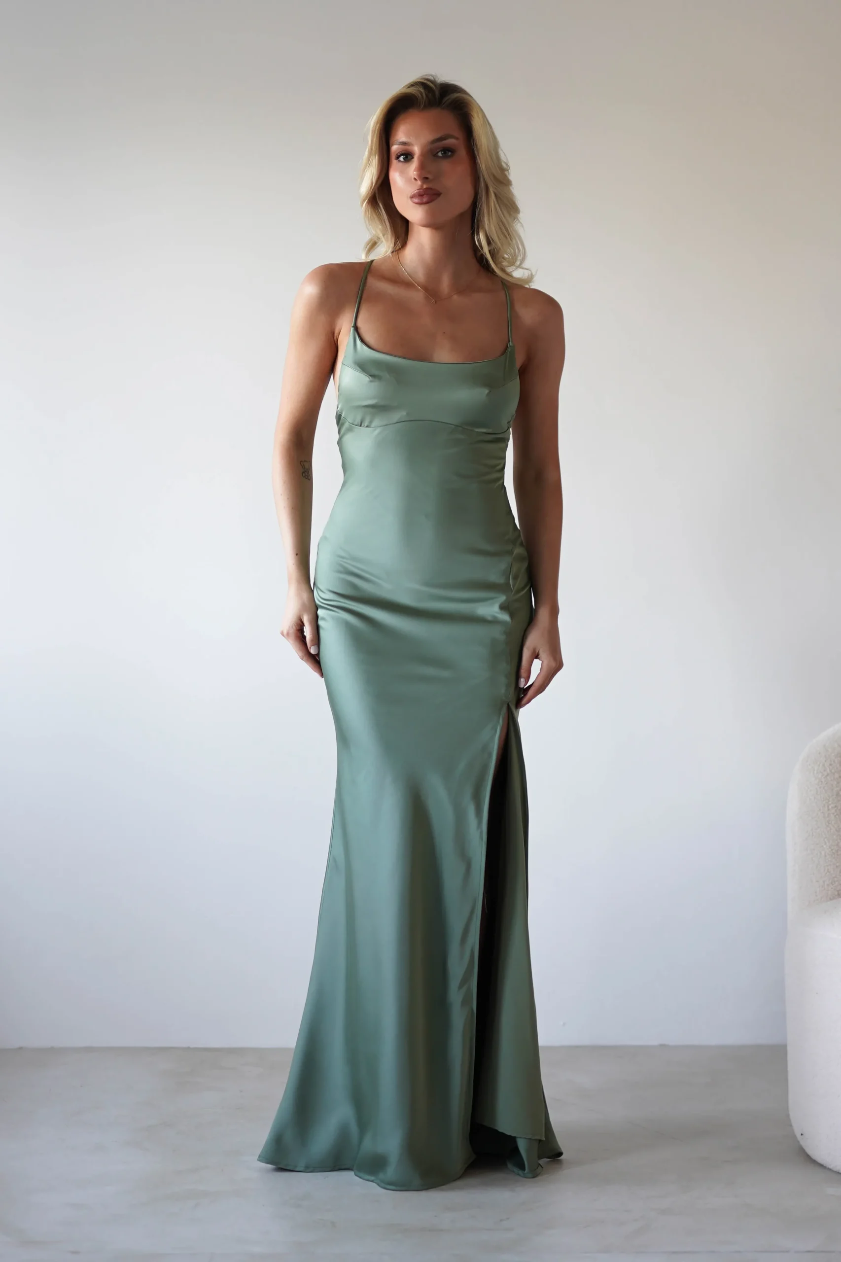 Elsa Matte Satin Maxi Gown | Olive
