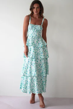 Emily Floral Ruffle Maxi Dress | Green/White