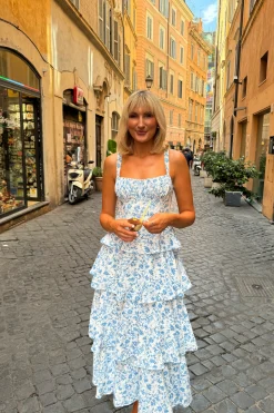 Emily Floral Ruffle Maxi Dress | Blue/White