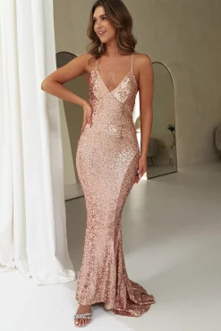 Evana Mermaid Backless Sequin Gown | Rose Gold