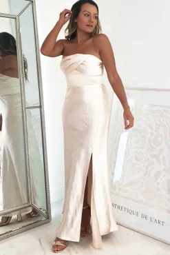 Everly Strapless Satin Midi Dress | Champange