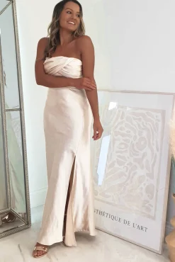 Everly Strapless Satin Midi Dress | Champange
