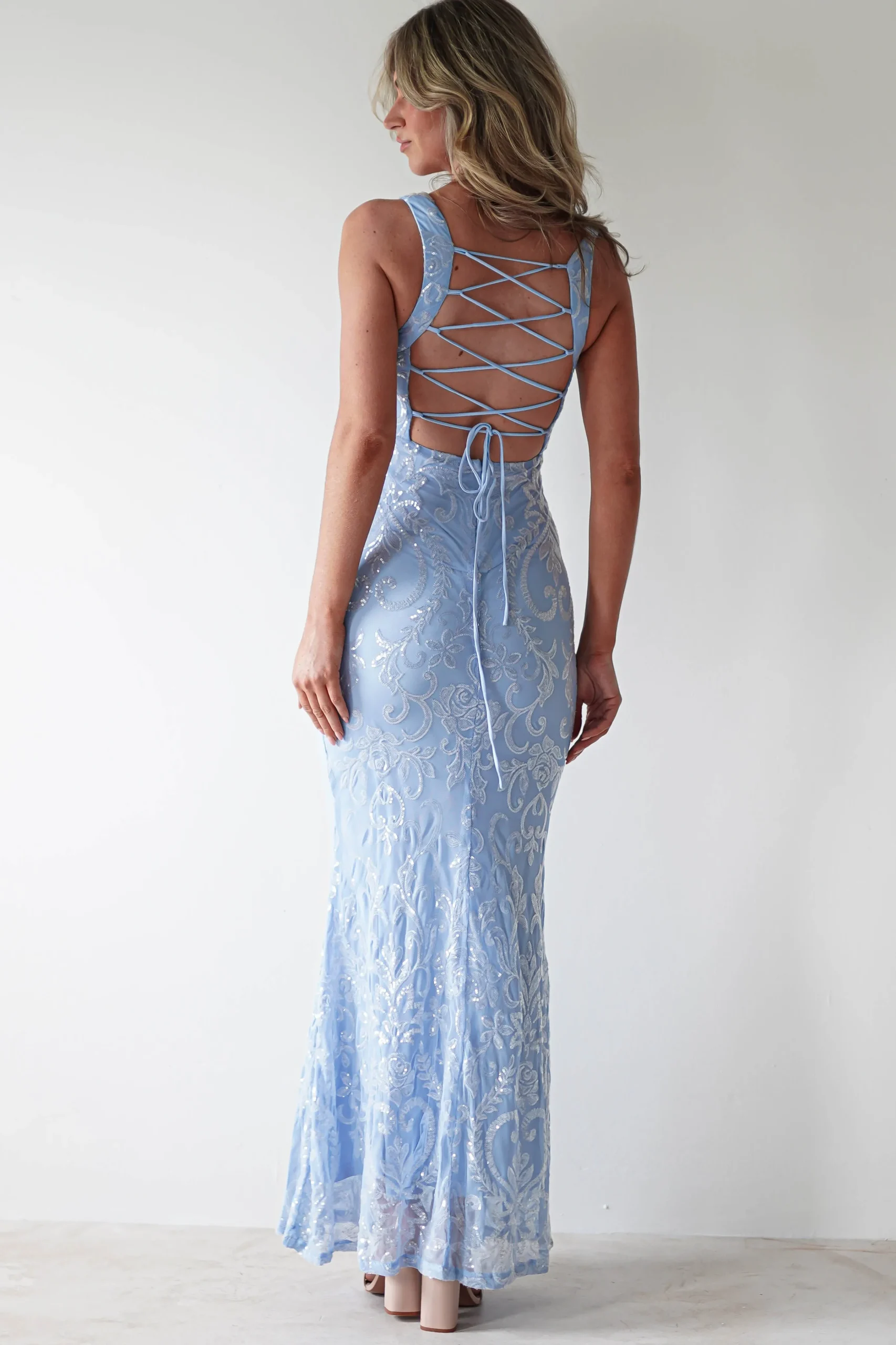 Halo Square Neck Sequin Maxi Gown | Blue