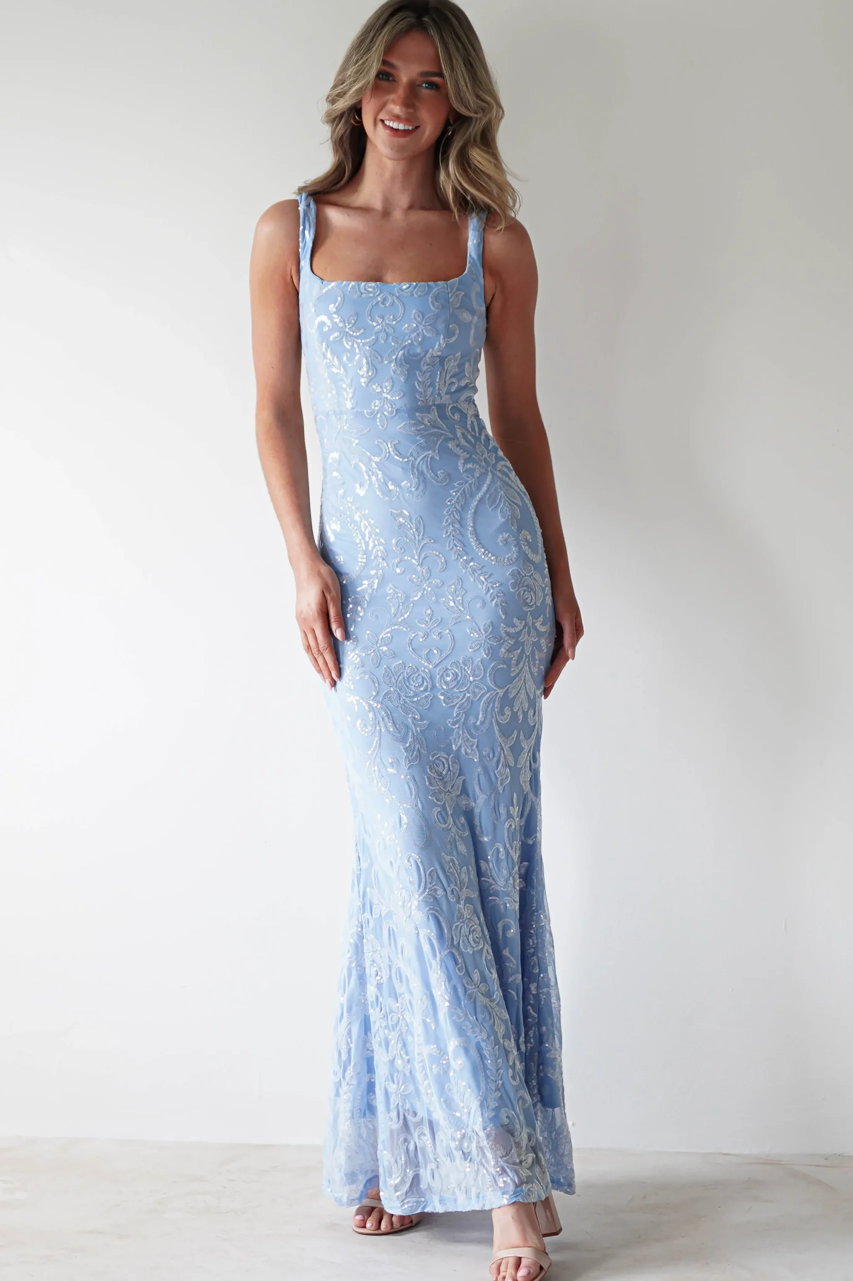Halo Square Neck Sequin Maxi Gown | Blue