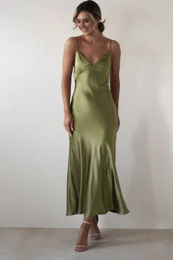 Hermie Silky Satin Maxi Dress | Olive
