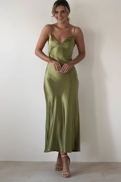 Hermie Silky Satin Maxi Dress | Olive