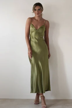 Hermie Silky Satin Maxi Dress | Olive