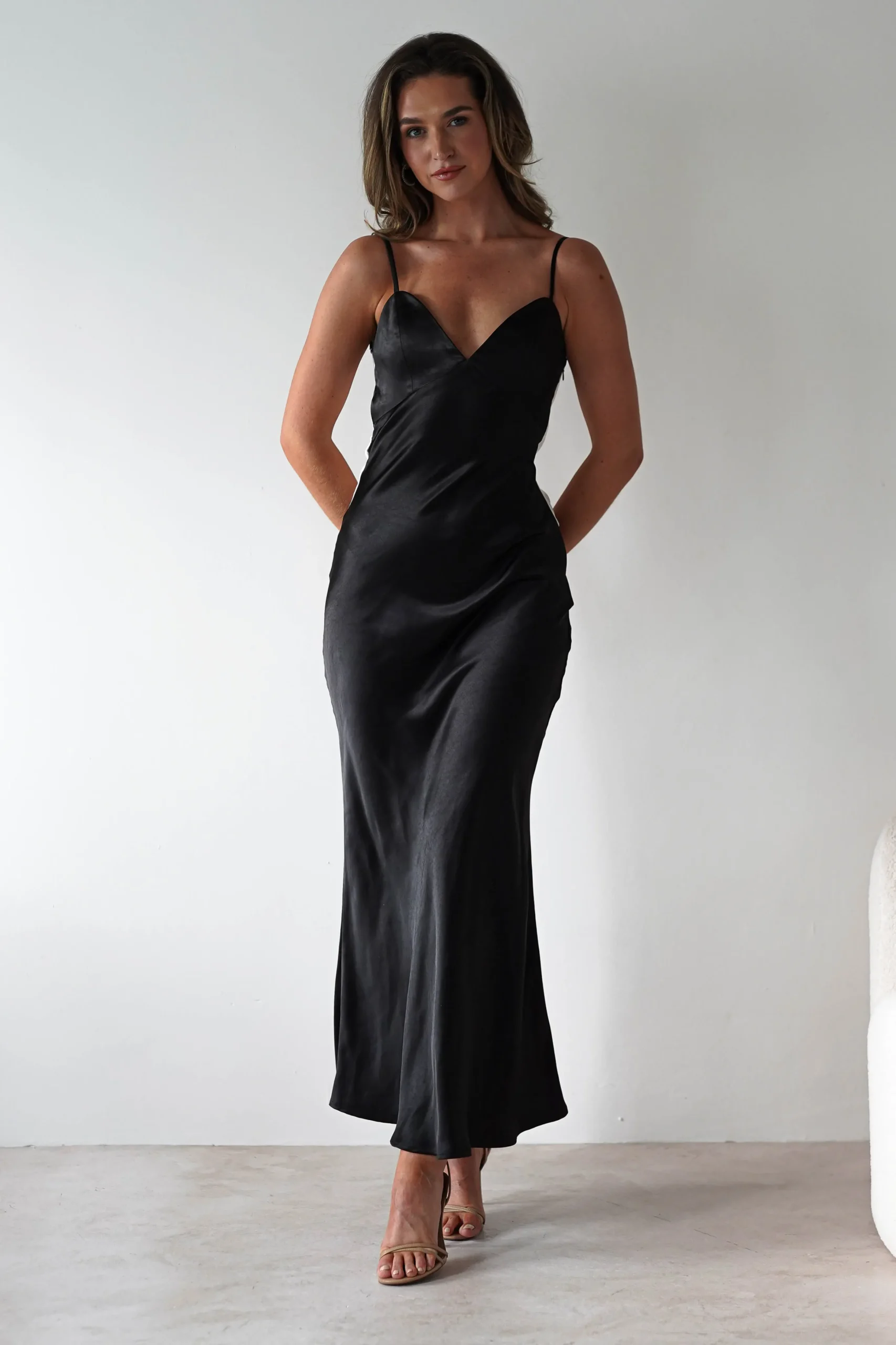 Hermie Silky Satin Maxi Dress | Black/White