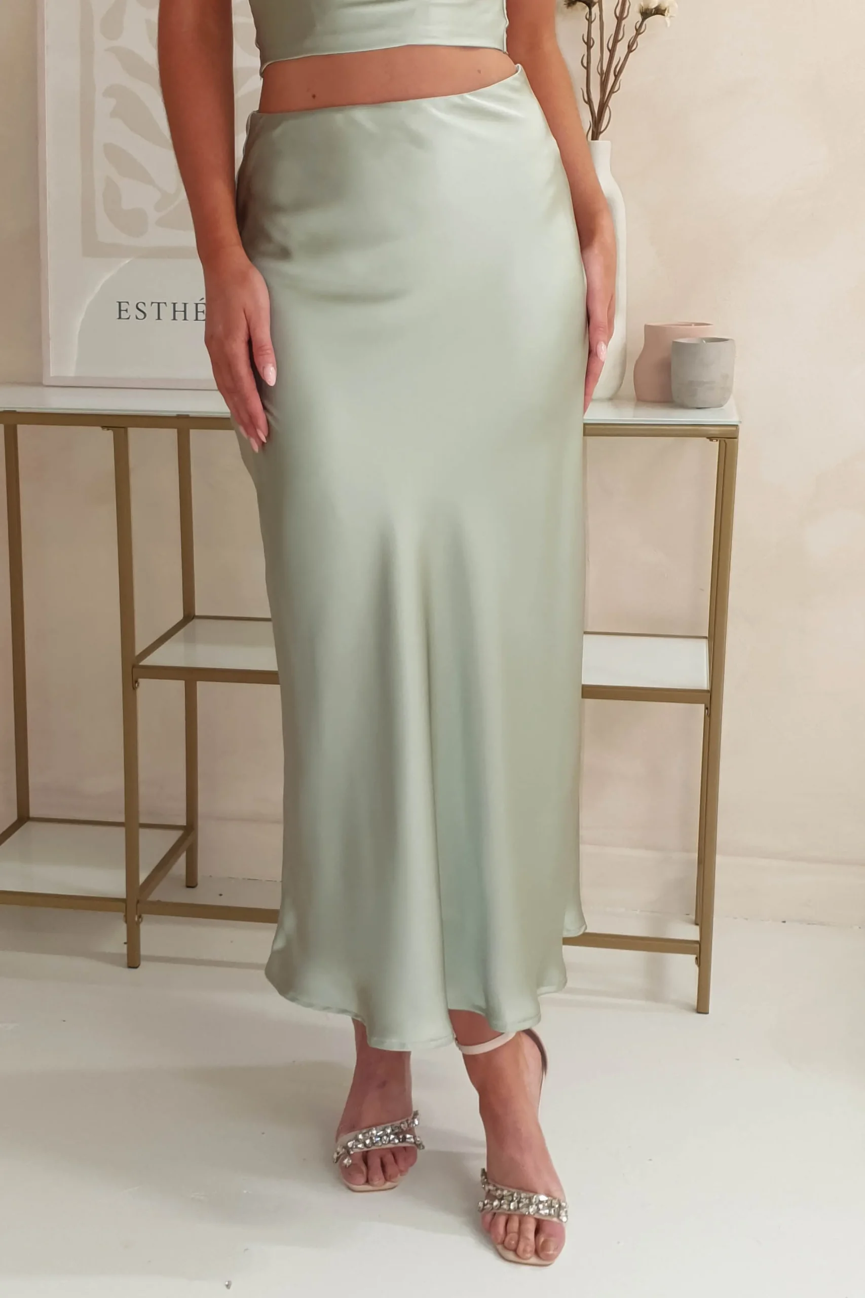 Imogen Satin Maxi Skirt | Sage