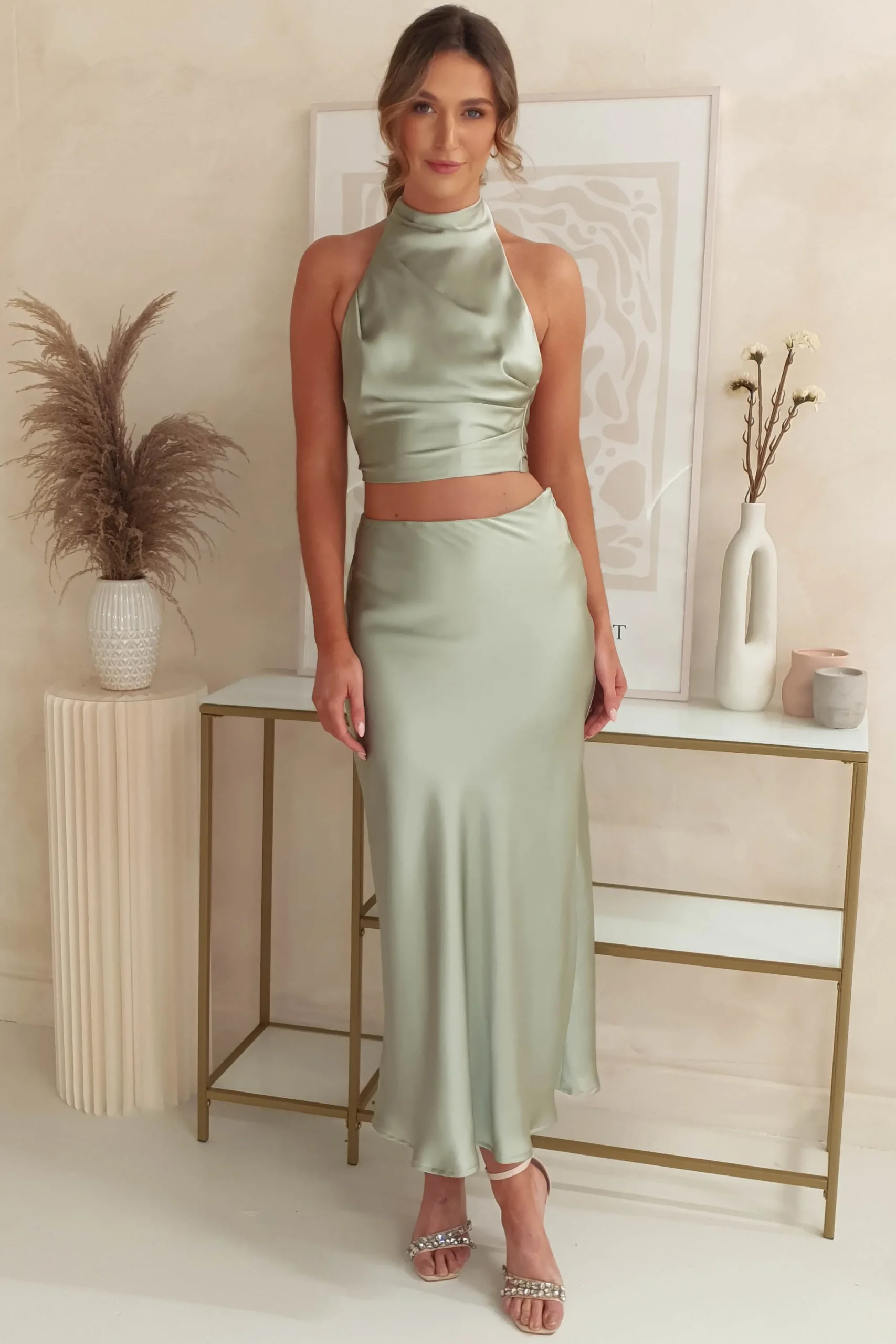 Imogen Satin Maxi Skirt | Sage