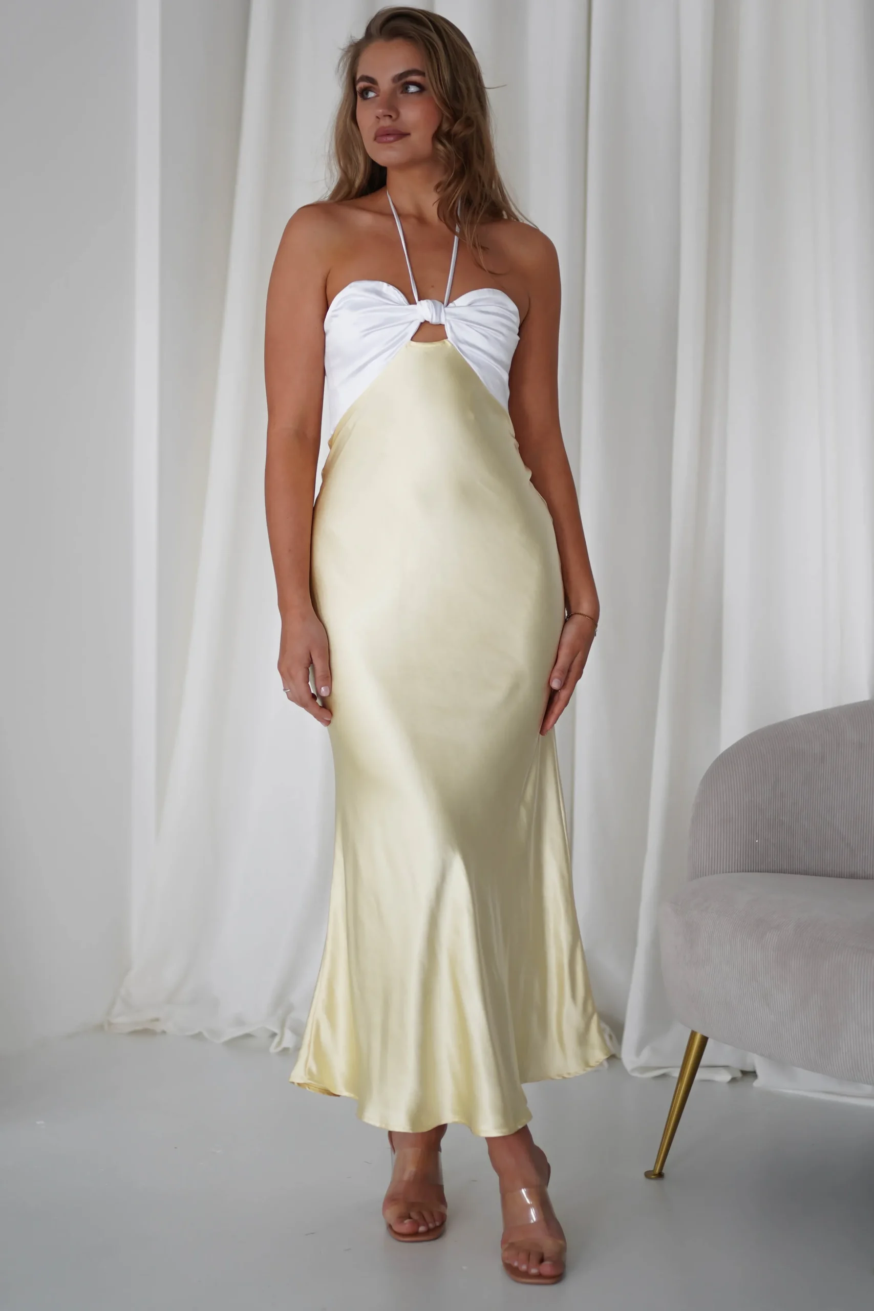Isla Halterneck Maxi Dress | Yellow/White
