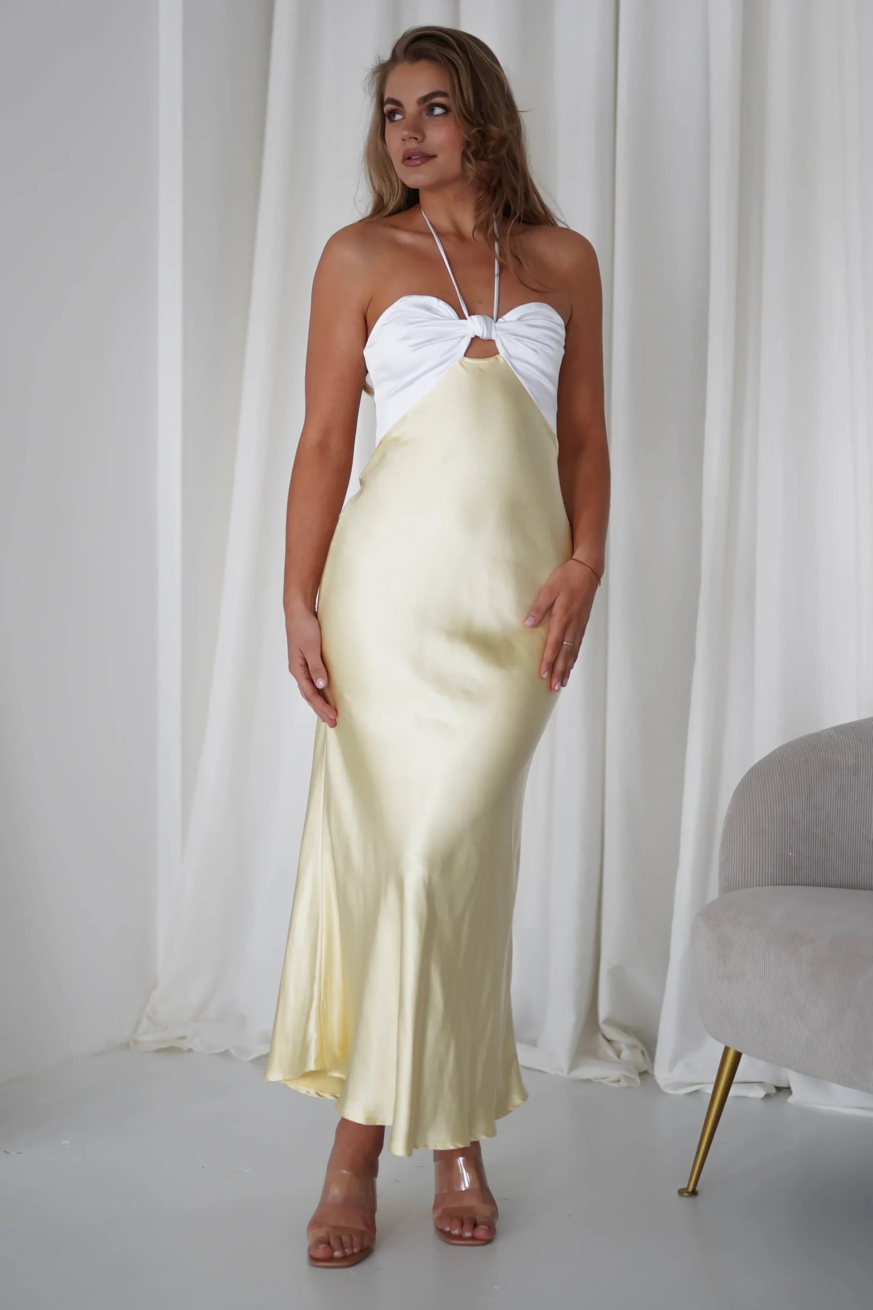 Isla Halterneck Maxi Dress | Yellow/White
