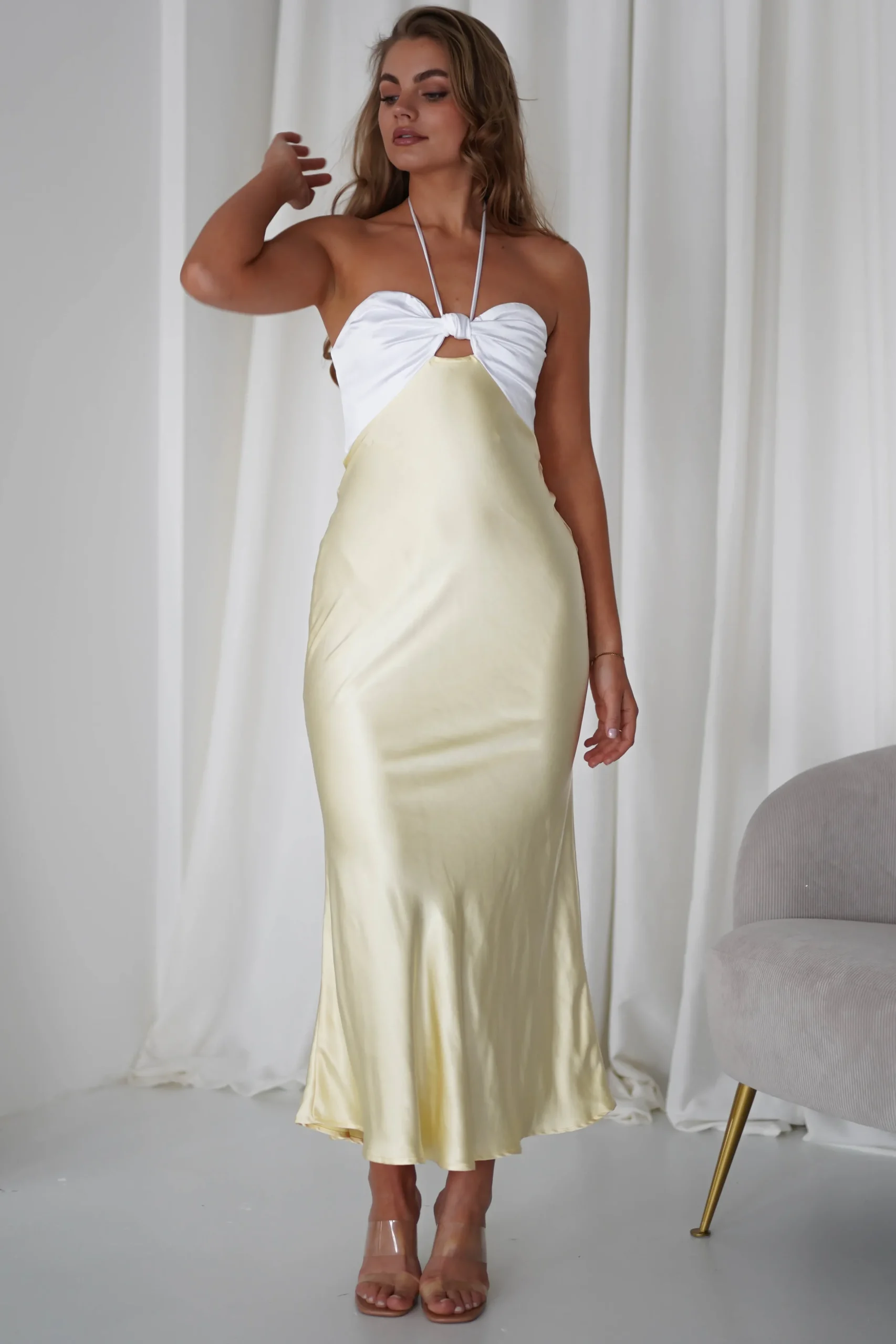 Isla Halterneck Maxi Dress | Yellow/White