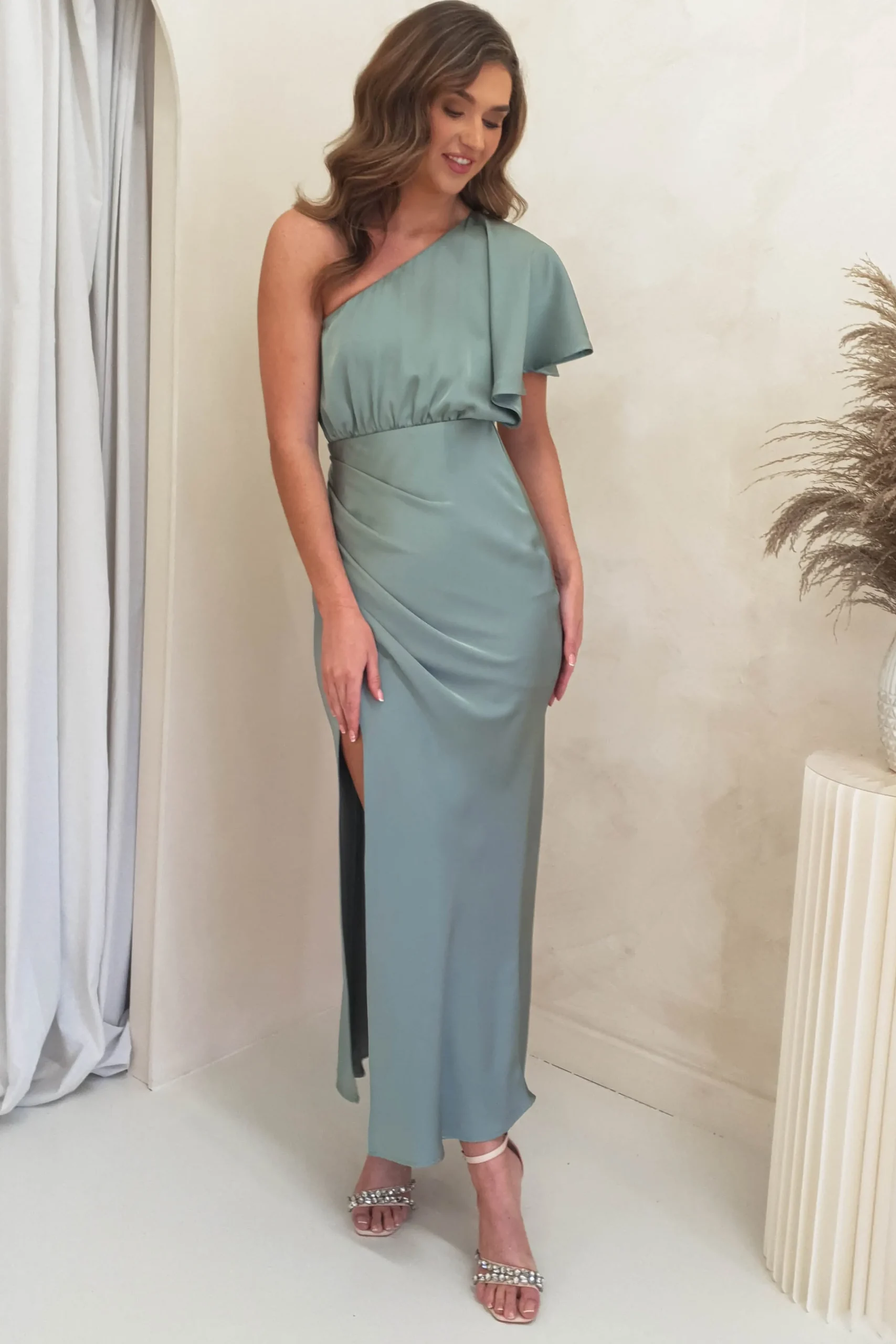 Jenna Soft Satin One Shoulder Maxi | Olive