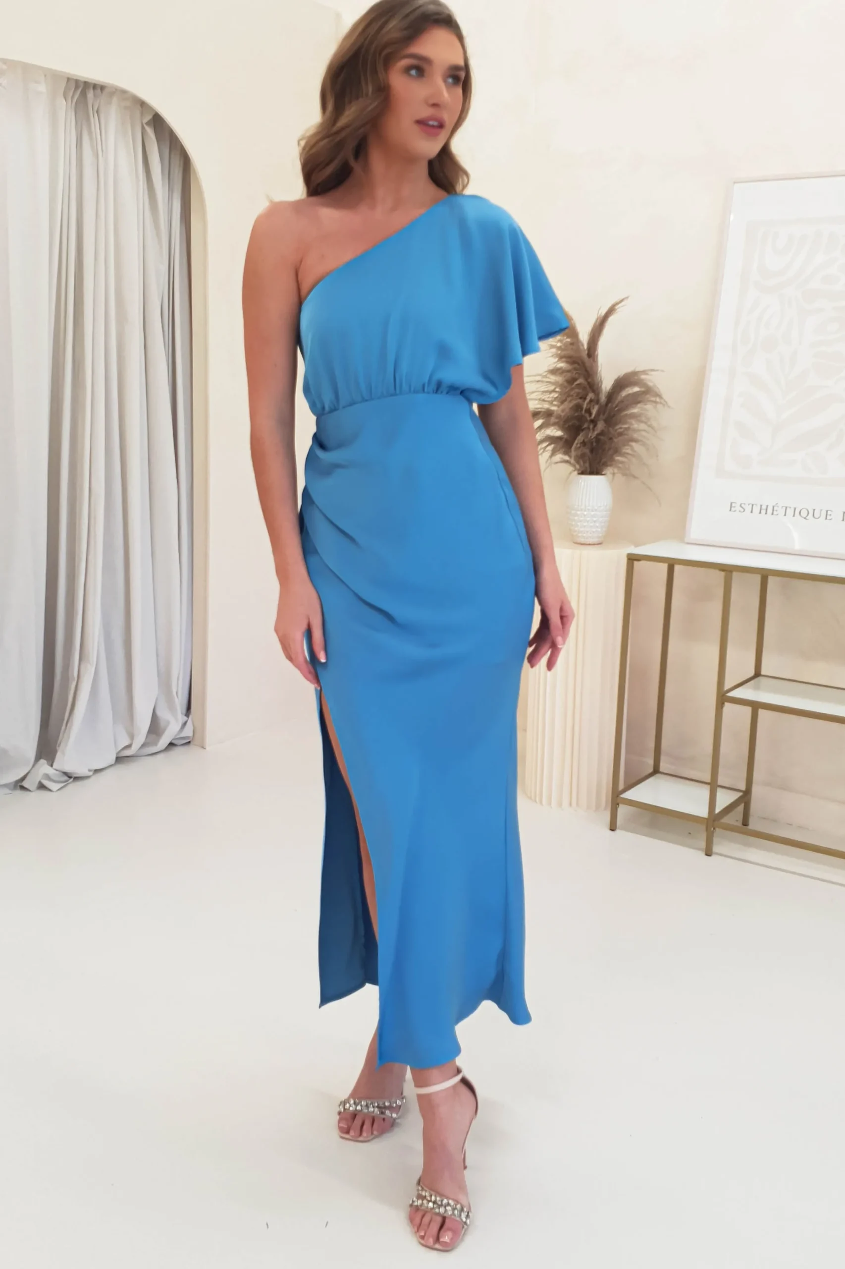 Jenna Soft Satin One Shoulder Maxi | Blue