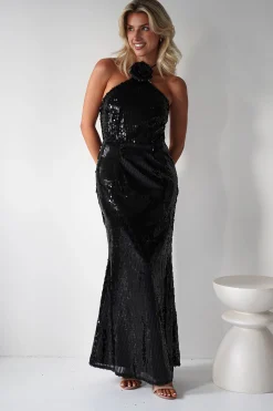Jonna Halter Neck Sequin Maxi Dress | Black
