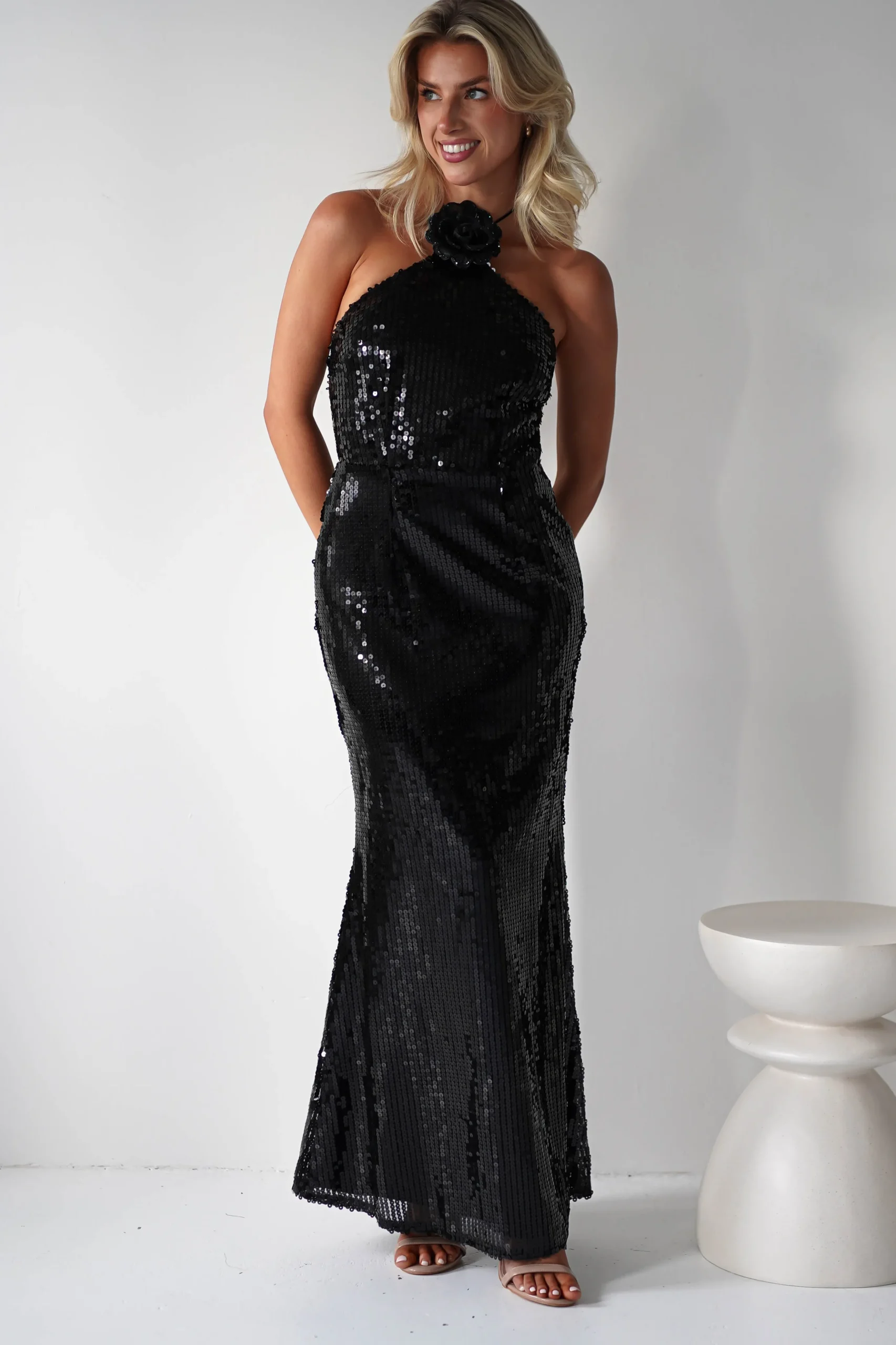 Jonna Halter Neck Sequin Maxi Dress | Black