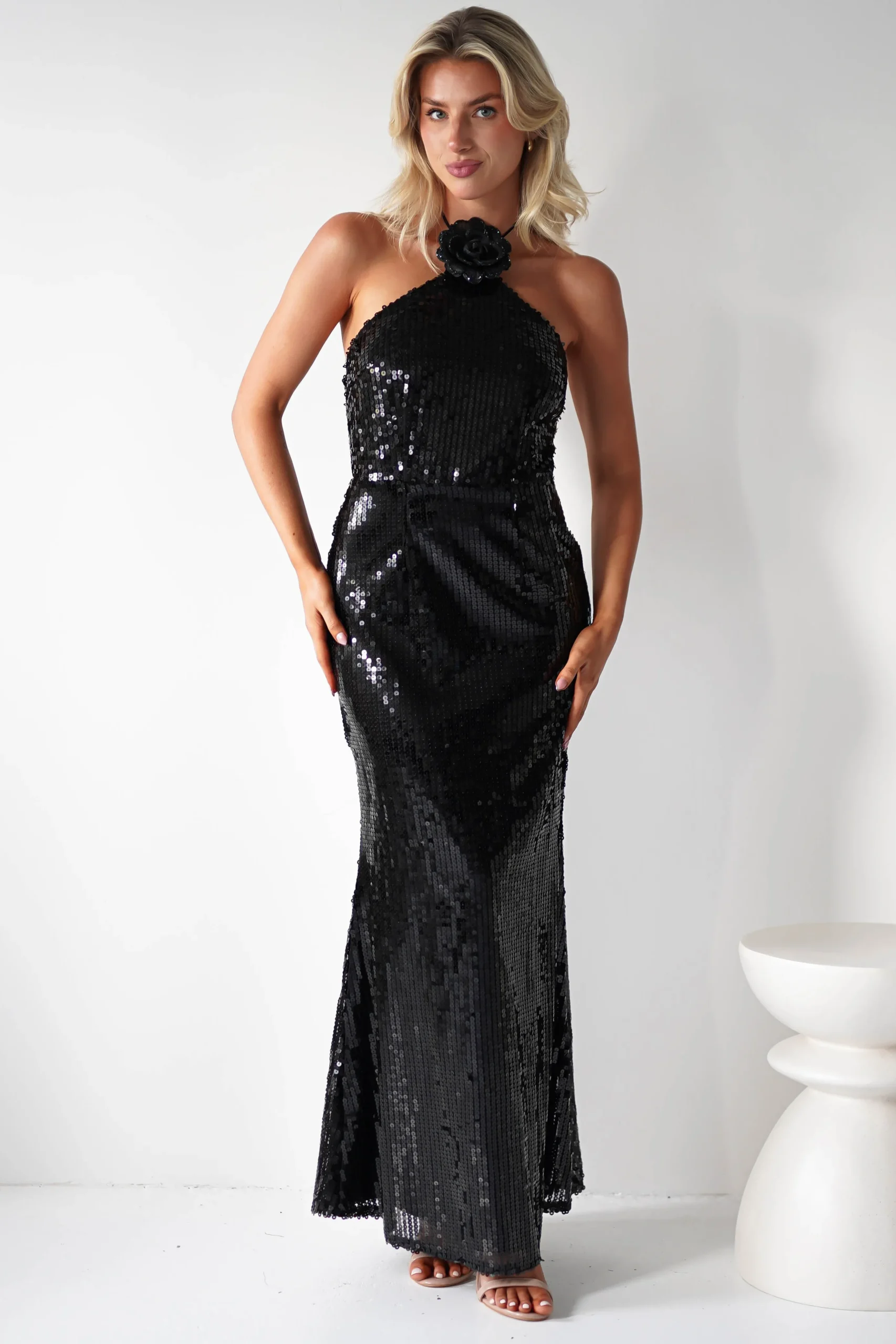 Jonna Halter Neck Sequin Maxi Dress | Black